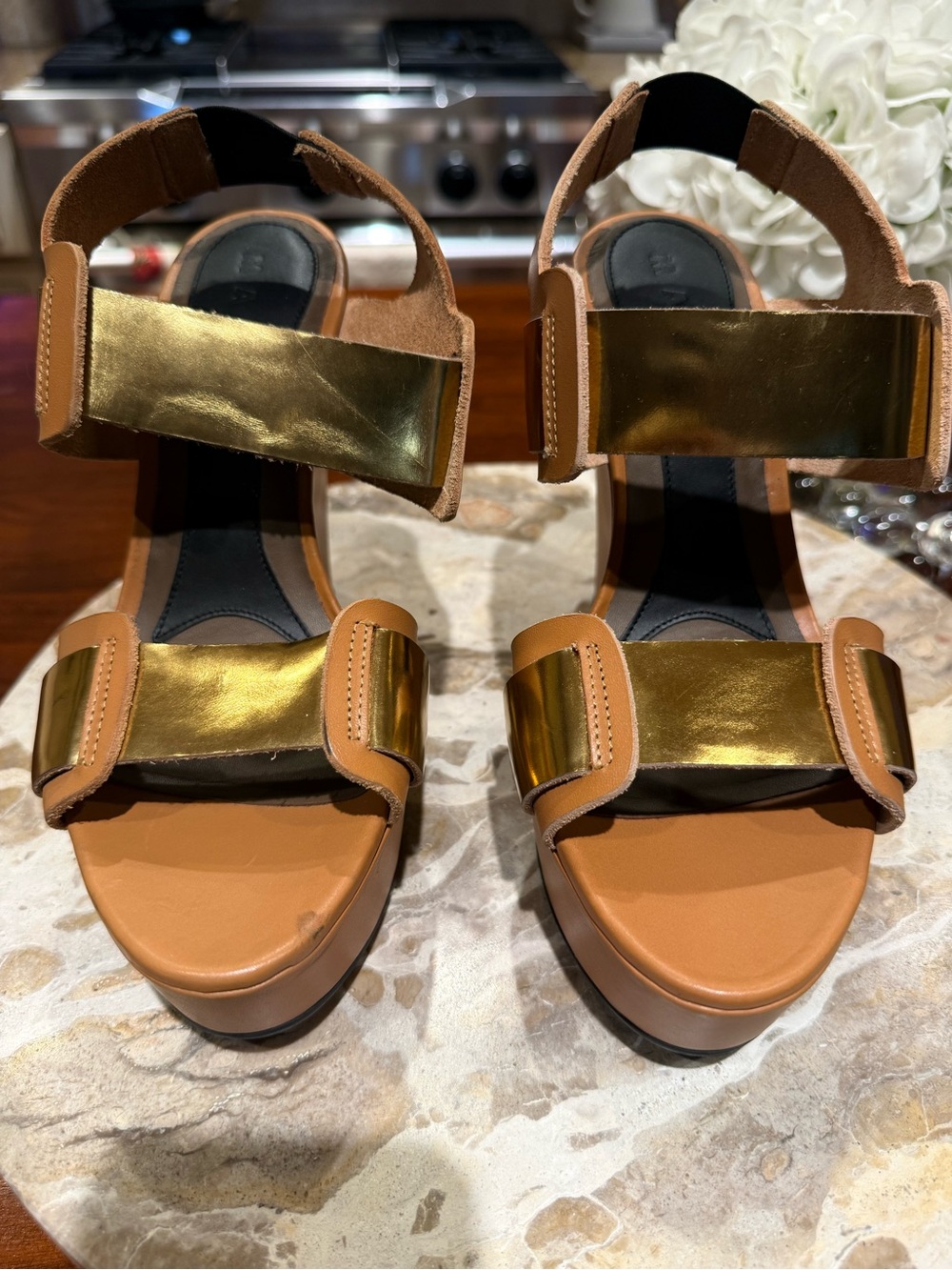 Marni Gold Metallic Platform Wedge Sandals 37 - Picture 8 of 12